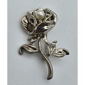 Rose Brooch Vintage Silver Tone Faux Pearl Floral Pin Estate Jewelry